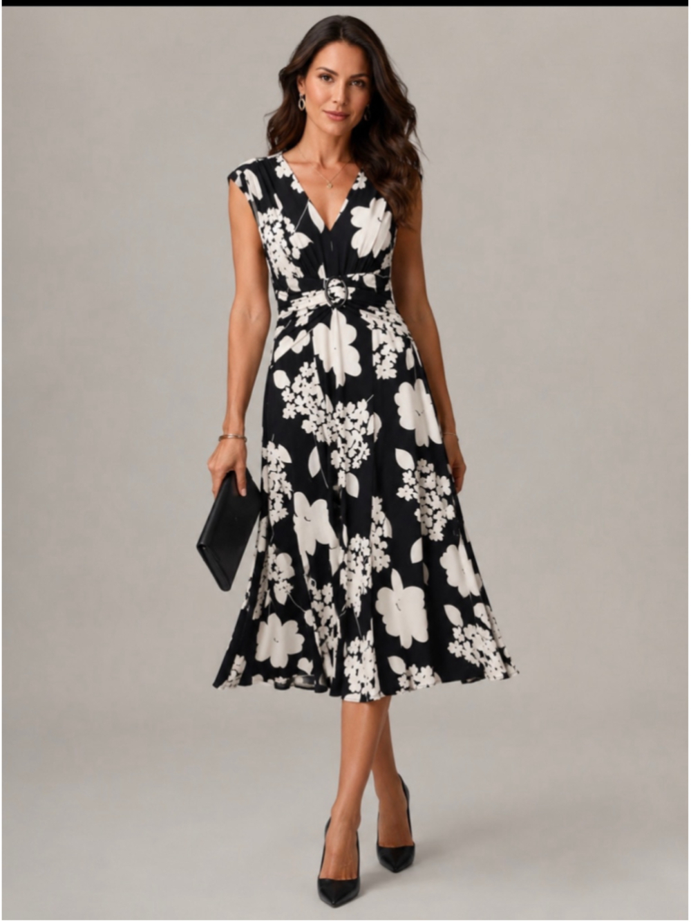 Floral Midi Dress Size 6 Black and White